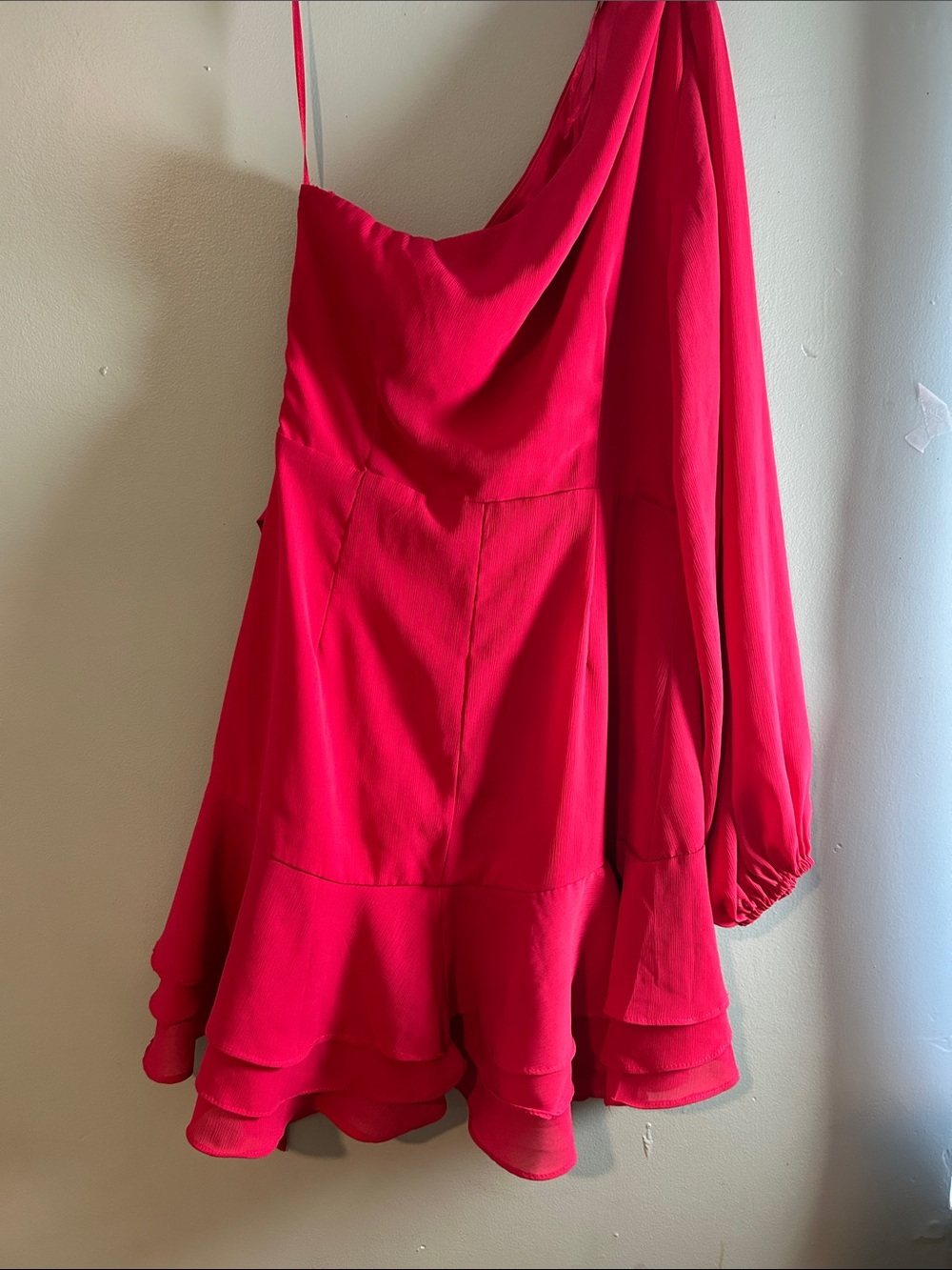 One-Shoulder Ruffle Mini Dress - Bright Fuchsia - Picture 5 of 7